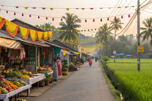 A lively Kerala street beautifully decorated with yellow and red marigold garlands for the Vishu festival, with fruit vendors and palm trees.