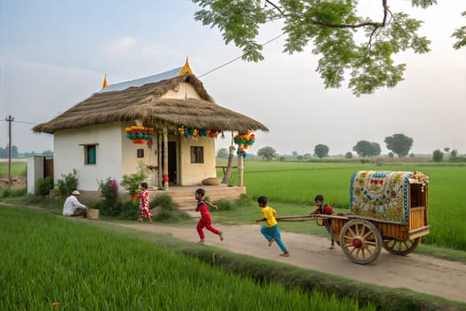 A peaceful scene of children playing near a traditional Punjabi house with vibrant decorations, rice fields, and a beautifully adorned cart.