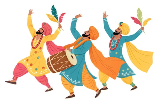 A lively illustration of Punjabi dancers wearing colorful traditional attire, playing drums and dancing. Isolated on white background.