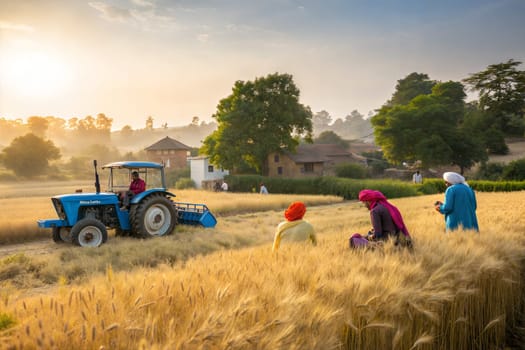 A serene scene of farmers harvesting wheat in a lush Punjabi field with a tractor during the Baisakhi festival.