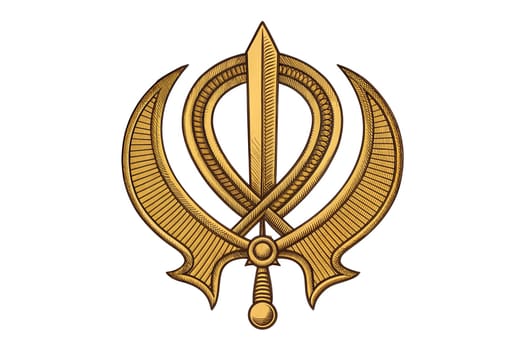 The Sikh Khanda symbol featuring a double-edged sword and two crossed daggers, representing the Sikh faith. Isolated on white background.