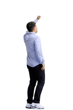 A man, full-length, on a white background, rejoices.
