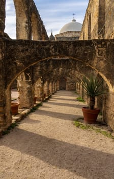 Repeating patterns of the roof supporting arches in Mission San Jose church near San Antonio, Texas
