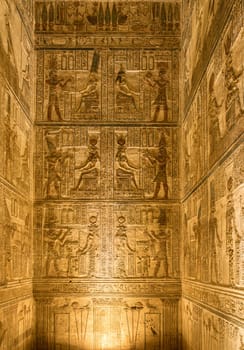 Carvings on the interior walls of the temple of Hathor at Dendera which best preserved Temple Complexes in Egypt