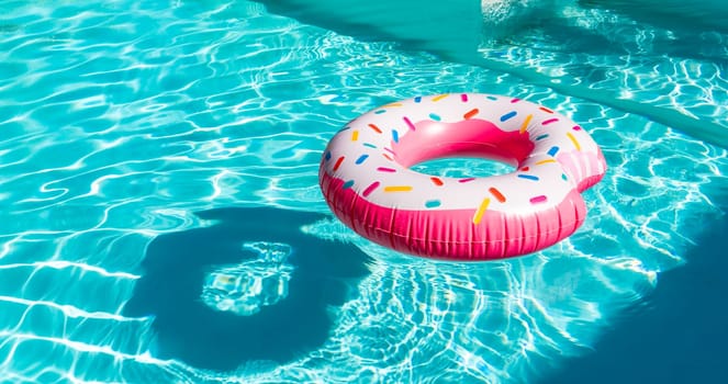 Pink donut inflatable float in turquoise swimming pool with sunlight reflections and shadow