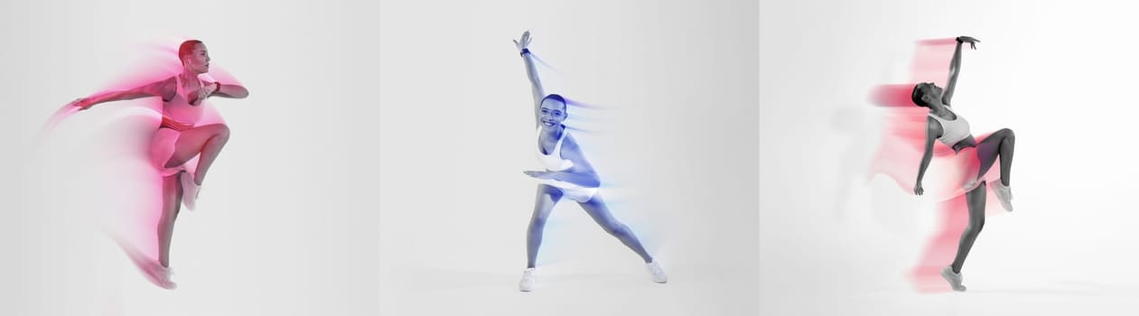 Three athletes perform dynamic exercises, demonstrating strength and agility. The vibrant design highlights their dedication to an active, healthy lifestyle against a minimalist backdrop.