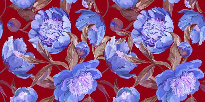 Botanical seamless pattern with peonies and sakura branches drawn in gouache for textile and design