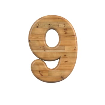 Wood number 9 - 3d pine digit isolated on white background. This alphabet is perfect for creative illustrations related but not limited to Decoration, nature, wood...