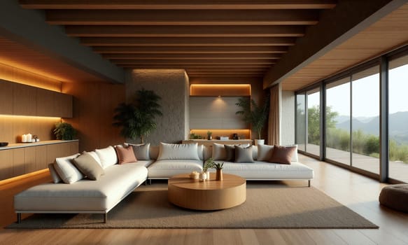 Spacious living room features a light-filled design with wooden beams, cozy sofa, and beautiful views of the surrounding landscape - Generative AI