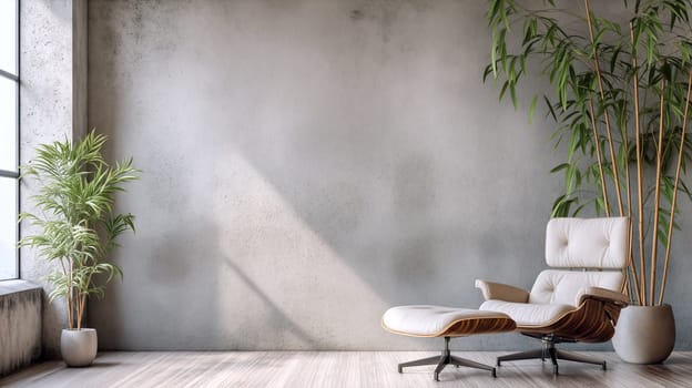A spacious room features a stylish lounge chair beside an expansive window, allowing natural light to illuminate indoor plants and a clean aesthetic - Generative AI
