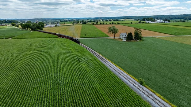 A vintage train moves through lush green fields, surrounded by farmland and a quaint house. The vibrant landscape showcases a typical rural setting under a cloudy sky.
