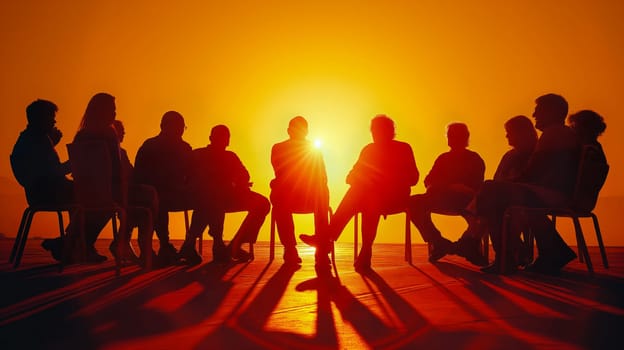 A group of individuals engages in deep conversation as the sun sets, creating a striking silhouette effect and casting long shadows - teamwork concept - Generative AI