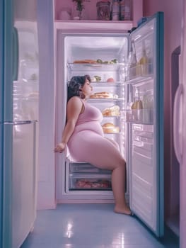In a tranquil, pastel-hued kitchen, a person in pink pajamas sits inside an open refrigerator, lit with soft light, seeking comfort in midnight snacks amidst a serene and quiet backdrop.