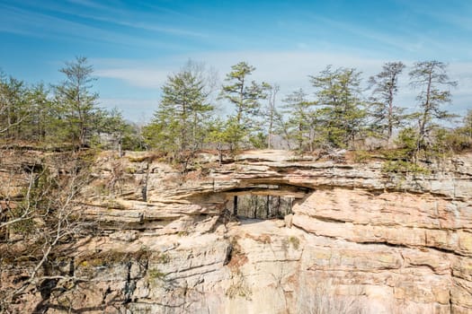 Aerial close-up view of Double Arch rock formation at Red River Gorge in Kentucky