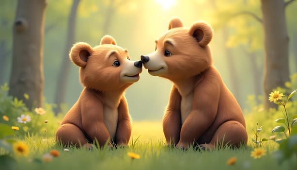 Adorable bear cubs interact and play in a vibrant summer forest, surrounded by flowers and sunlight, exuding warmth and innocence. Perfect depiction of wildlife, nature, and the essence of animal kinship.