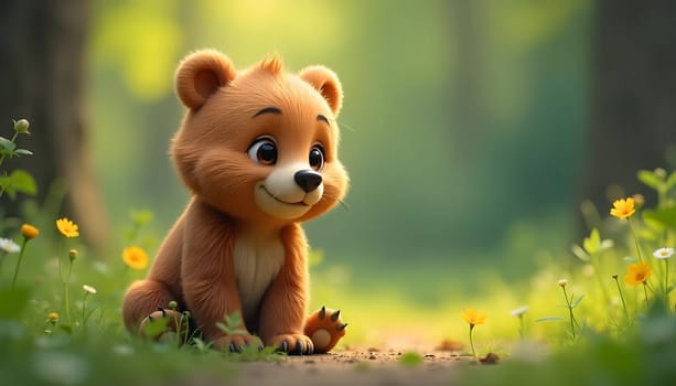 Adorable bear cub play in a vibrant summer forest, surrounded by flowers and sunlight, exuding warmth and innocence. Perfect depiction of wildlife, nature, and the essence of animal kinship.