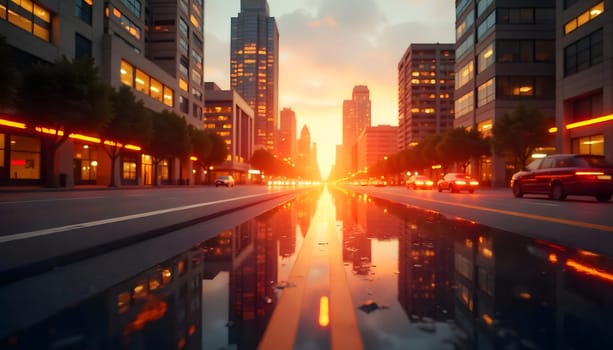 Vibrant cityscape with glowing lights and sunset reflection in a puddle highlighting a serene yet energetic urban atmosphere.