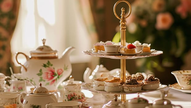 Elegant table setting for tea party with cakes and cupcakes in English manor. Selective focus. Vintage style