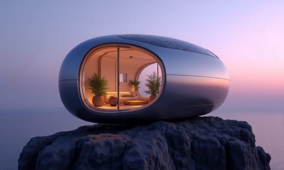 A sleek, futuristic pod house stands on a rugged rock, showcasing large windows and cozy interior design amidst a beautiful twilight backdrop - Generative AI