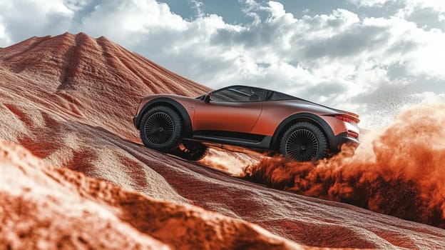 Modern suv car is driving up a sand dune in the desert, kicking up a cloud of dust. The car is shown in profile, and the sun is shining brightly in the sky