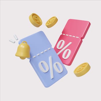 A playful 3D render of discount tags and coins, ideal for special sale events and marketing materials.