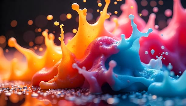 Vibrant Colorful Liquid Splashes Captured in Dynamic Freeze Frame Art. Colorful liquid splashes captured mid-motion, showcasing vibrant orange, blue, and red tones, evoking creativity and energy.