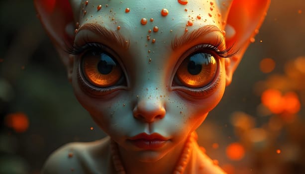 Fantastical Alien Creature with Large Eyes and Enigmatic Glow. A magical alien-like being with luminous orange eyes surrounded by a glowing mysterious atmosphere in nature.