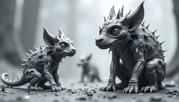 Two Adorable Fantasy Creatures with Glowing Spines. Cute fictional animals with luminous spines resting in a vibrant forest scene. Their detailed design and glowing features create an enchanting atmosphere of fantasy and wonder.