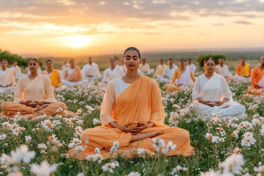 A serene scene of women meditating in a flower field at sunset. A peaceful atmosphere with soft lighting, floral surroundings, and spiritual focus.
