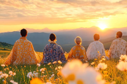 A serene sunset scene with people in traditional clothing enjoying the view from a grassy mountain. The group of four is dressed in colorful floral outfits with flowers surrounding them.