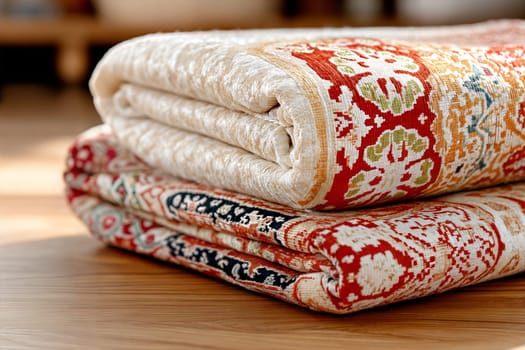 A beautifully folded vintage rug with an orange and white floral pattern, showcasing detailed craftsmanship and fringed edges, placed on a wooden surface.