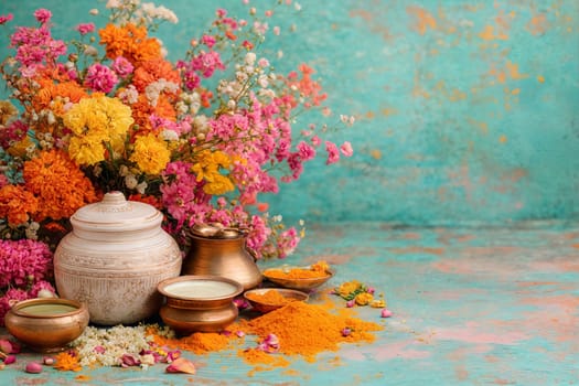 A colorful and lively arrangement of marigolds, pink flowers, and vibrant spices in traditional pots, set against a beautiful turquoise background. A symbol of celebration and culture.