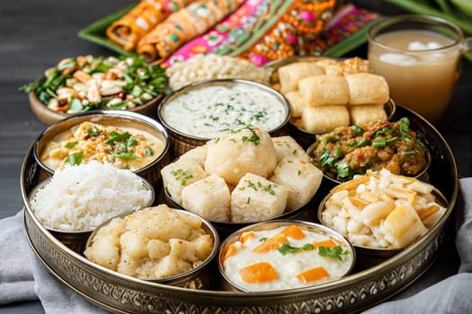 A vibrant Indian meal served in a brass tray, including rice, curry, dosa, vegetable dishes, and drinks, offering a cultural and flavorful feast.