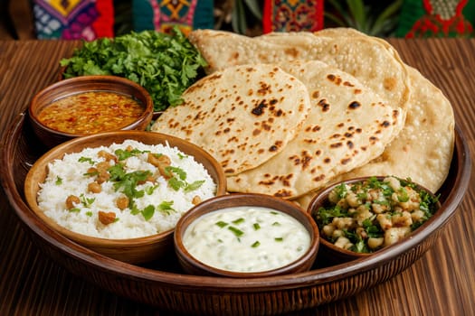A vibrant traditional Indian meal featuring naan bread, rice, dal curry, a refreshing yogurt dip, and chickpea salad, served in a rustic woven basket.
