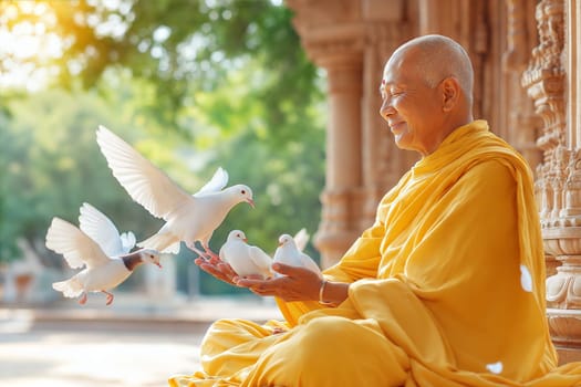 A peaceful image of a monk in yellow robes holding doves, with white birds flying around him during a serene sunrise.