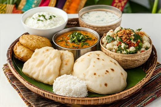 A traditional Indian meal featuring naan bread, rice, dal curry, and a fresh vegetable salad, served in a woven basket with vibrant cultural elements.