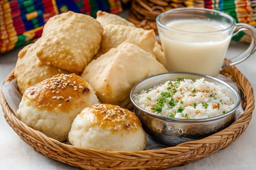 A traditional Indian meal featuring soft, sesame-topped bread, fragrant rice, and a glass of milk, served in a woven basket, showcasing authentic Indian cuisine.
