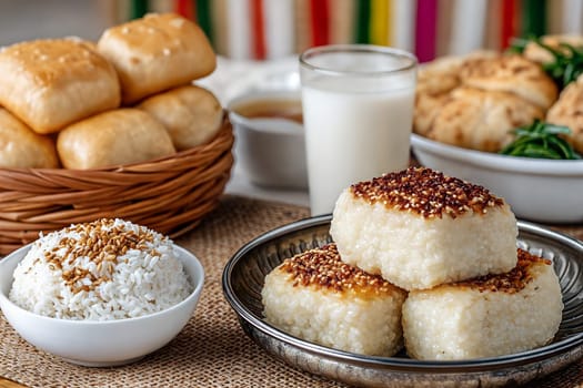 A traditional Indian meal with steamed rice, sesame-topped rice cakes, freshly baked bread, and a glass of milk, served in a rustic, homey atmosphere.