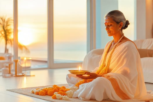 A peaceful moment of spiritual devotion as an elderly woman in a white sari offers a lit oil lamp surrounded by marigold flowers, with the warm glow of sunset and ocean view
