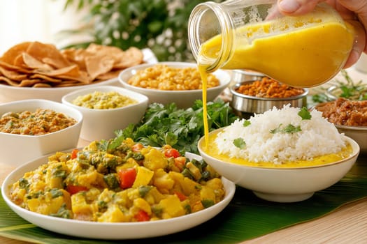 A delicious spread of traditional Vishu Sadya meal featuring rice, curry, sambar, and various side dishes, served in a vibrant setting with fresh coriander garnish