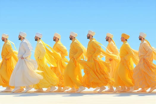 A dynamic procession of men dressed in yellow traditional attire with flowing fabric, showcasing cultural celebration with energy and rhythm.