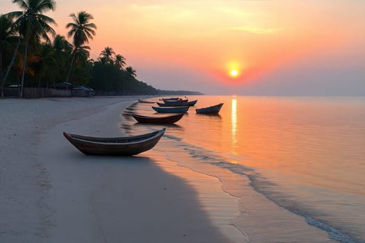 A tranquil coastal view at sunrise with boats lined up along the shore, reflecting in the calm waters, surrounded by palm trees and golden sunlight.