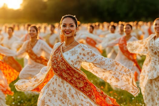 A joyful scene of Assamese women in traditional outfits dancing during sunset. Their elegant white and orange costumes create a vibrant atmosphere in the golden hour light.