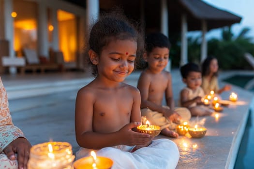 A group of children sitting outside at night lighting traditional oil lamps in a joyful celebration. Capturing the warmth of family and culture.