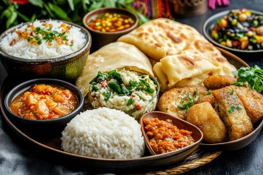 A delicious Indian meal featuring rice, curry, naan, a vegetable salad, and lentils, served in rustic bowls with aromatic spices and fresh herbs.