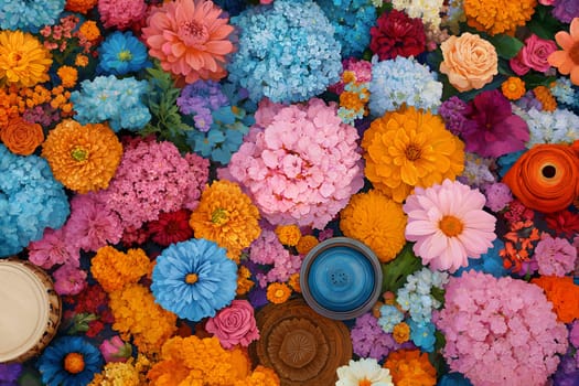 A beautiful, vibrant display of colorful flowers including marigolds, roses, hydrangeas, and more. A rich array of bright petals creates a stunning floral composition.