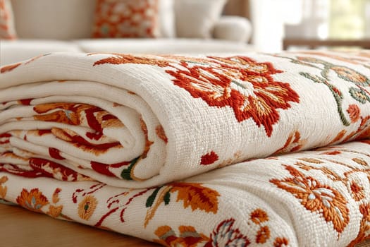 A beautifully folded vintage rug with an orange and white floral pattern, showcasing detailed craftsmanship and fringed edges, placed on a wooden surface.