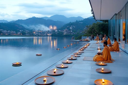 A serene view of monks meditating beside floating candles on water, with fireworks in the background, capturing peace, spirituality, and nature.