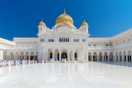 A serene and spiritual scene with worshippers in prayer at a mosque, the golden dome reflecting in the courtyard's pristine surface.