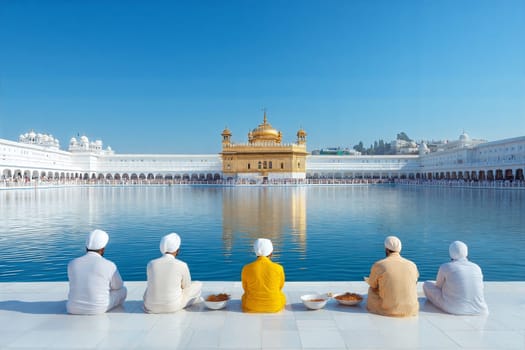 The serene and spiritual Golden Temple surrounded by water, with devotees meditating and offering prayers in a peaceful setting.